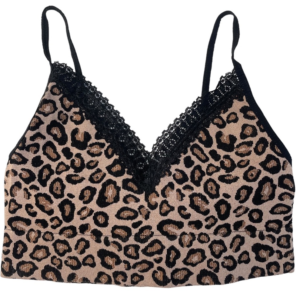 Lulus Leopard Animal Print Tan Black Stretch Crop Tank Bra Top Women’s Size XS/S